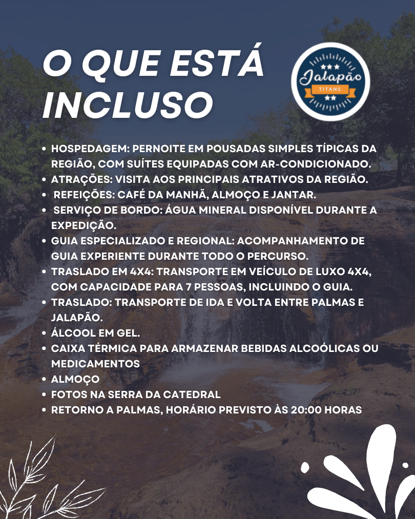 Foto do deslumbrante cenário natural do Jalapão, com montanhas, cachoeiras e vegetação exuberante. Destaque para o pacote de viagens da Jalapão Titans Ecoturismo, oferecendo uma aventura única e imersiva na natureza intocada. Ideal para quem busca experiências autênticas de ecoturismo.