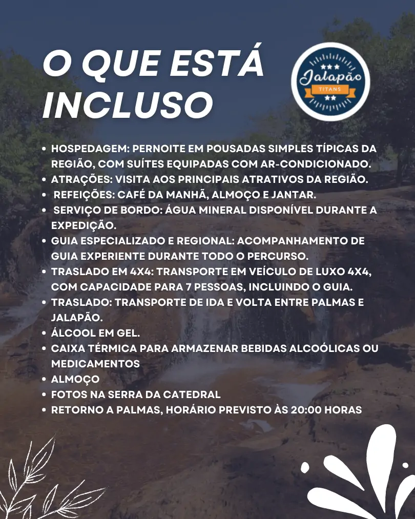 Foto do deslumbrante cenário natural do Jalapão, com montanhas, cachoeiras e vegetação exuberante. Destaque para o pacote de viagens da Jalapão Titans Ecoturismo, oferecendo uma aventura única e imersiva na natureza intocada. Ideal para quem busca experiências autênticas de ecoturismo.